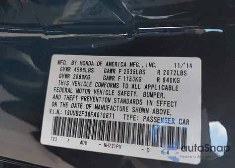 2015 Acura Tlx V6 z USA, uszkodzony, nr VIN 19UUB2F38FA010871